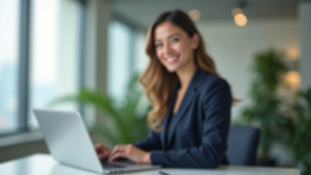 Professional woman in business casual attire working at modern desk with multiple monitors in bright office space