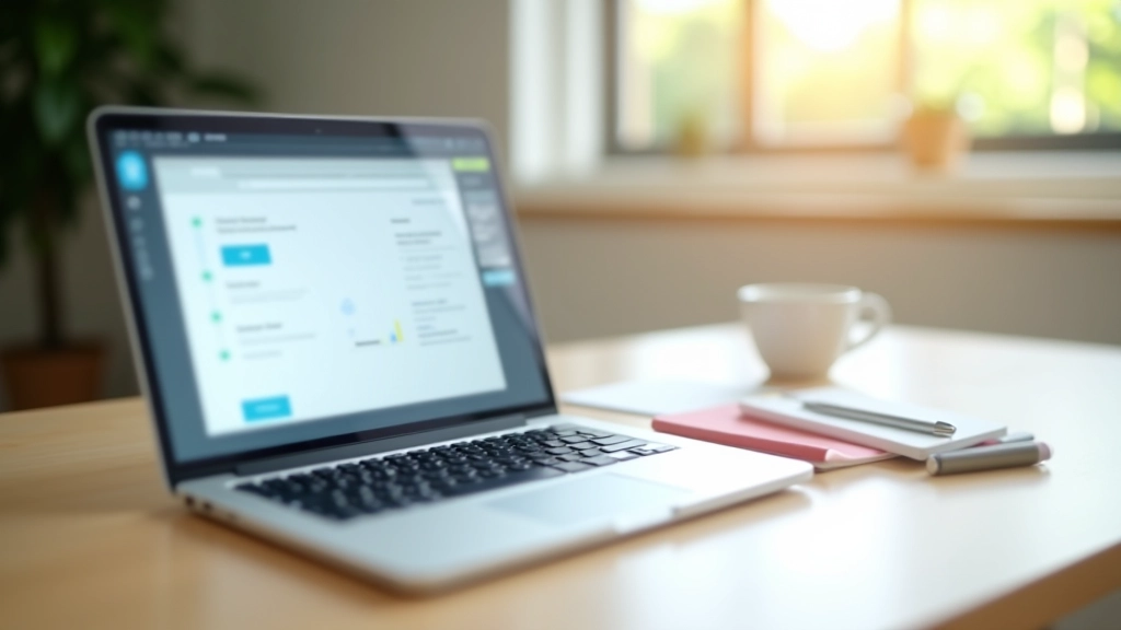 Laptop showing career coaching materials and resources, workspace with notes and planning documents